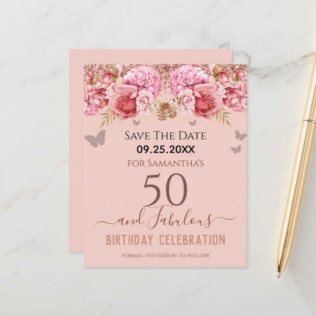 Floral Pink 50th Birthday Save the Date (Front/Back In Situ)