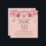 Floral Pink 50th Birthday Save the Date<br><div class="desc">Girly glitter,  millennial pink background,  with fancy script name typography. Happy 50 and fabulous birthday design template. Pink Roses and butterfly top border. Great for 50th celebrations. Save the date celebration reminder.</div>
