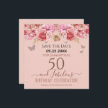 Floral Pink 50th Birthday Save the Date<br><div class="desc">Girly glitter,  millennial pink background,  with fancy script name typography. Happy 50 and fabulous birthday design template. Pink Roses and butterfly top border. Great for 50th celebrations. Save the date celebration reminder.</div>