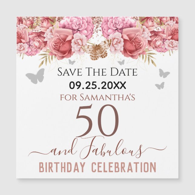 Floral Pink 50th Birthday Save the Date Magnet (Front)
