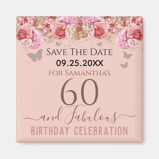 Floral Pink 60th Birthday Save the Date Magnet (Front)