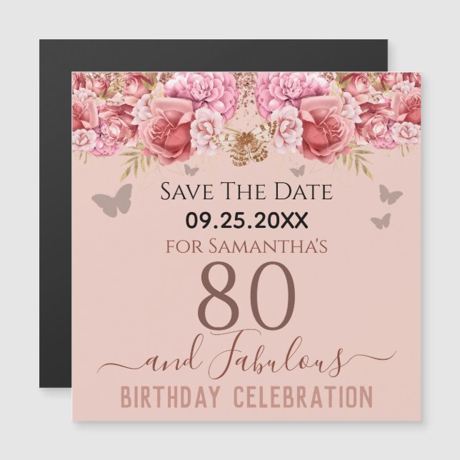 Floral Pink 80th Birthday Save the Date Magnet (Front/Back)