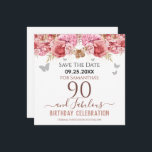 Floral Pink 90th Birthday Save the Date<br><div class="desc">Girly glitter,  millennial pink background,  with fancy script name typography. Happy 90 and fabulous birthday design template. Pink Roses and butterfly top border. Great for 90th celebrations. Save the date celebration reminder.</div>