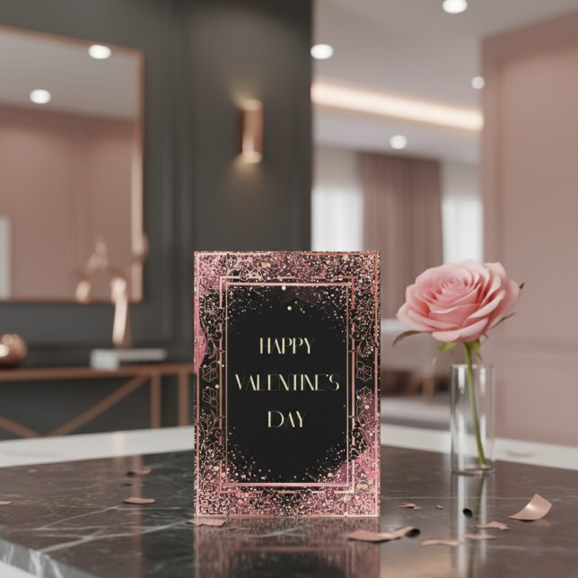Floral Pink And Black Glitter Valentine's Day Card (Creator Uploaded)