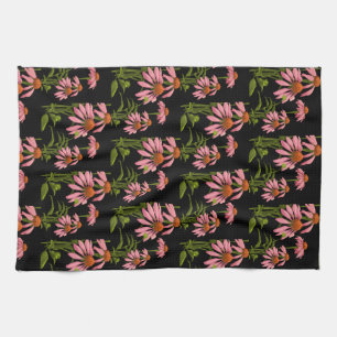 floral pink and black tea towel