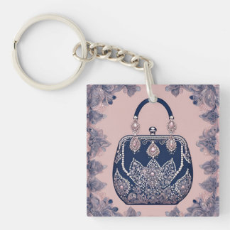 Floral pink and blue AI art Key Ring