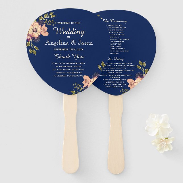 Floral Pink And Blue Wedding Program Hand Fan (Front and Back)