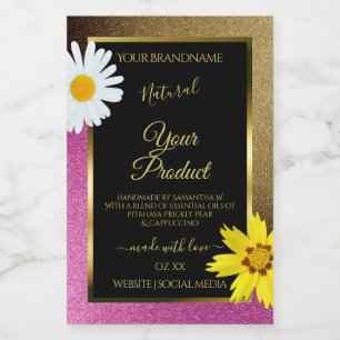 Floral Pink and Gold Glitter Black Product Labels