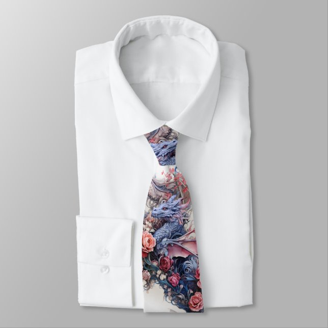 Floral Pink and Purple Dragon Wedding Tie (Tied)