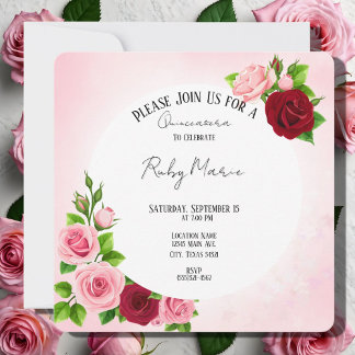 Floral Pink and Red Roses Quinceanera Invitation
