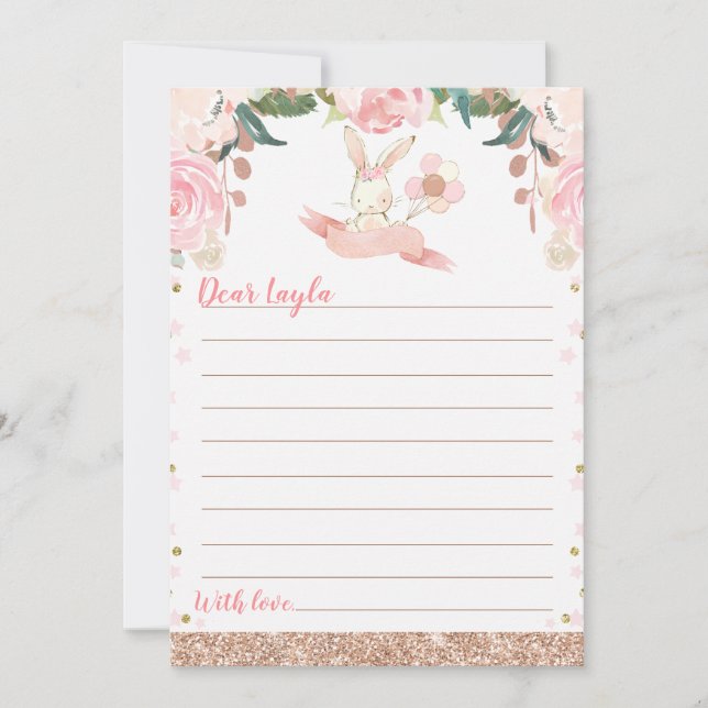Floral Pink and Rose Gold Bunny Time Capsule Card (Front)