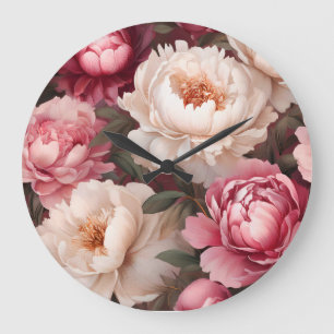 Floral Pink and White Peony  Large Clock