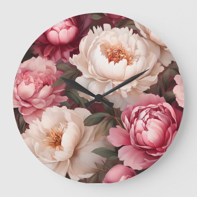Floral Pink and White Peony  Large Clock (Front)