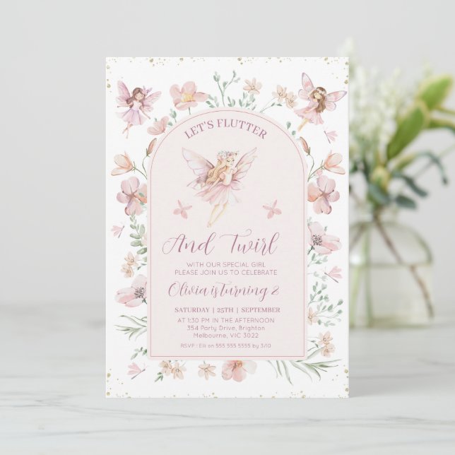 Floral Pink Arch Fairies Flutter Twirl Birthday Invitation (Standing Front)