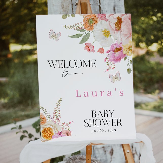 Floral Pink Baby In Bloom Baby Shower Welcome Sign (Girls Baby in Bloom Welcome Sign, Floral Welcome Sign For Baby Shower, Floral Baby Shower Welcome )