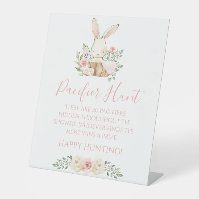 Floral Pink Baby Shower Pacifier Hunt Game Pedestal Sign (Front)