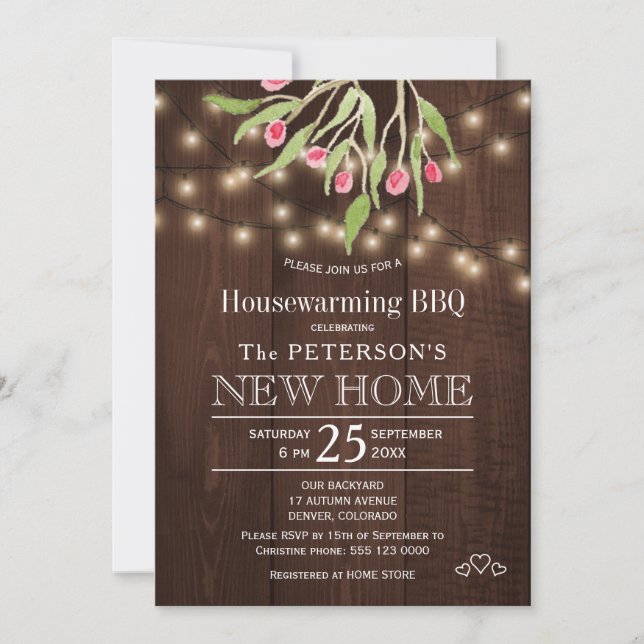 Floral pink berries rustic lights housewarming bbq invitation (Front)