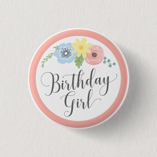 Floral Pink Birthday Girl Baby & Kids Party 3 Cm Round Badge (Front)