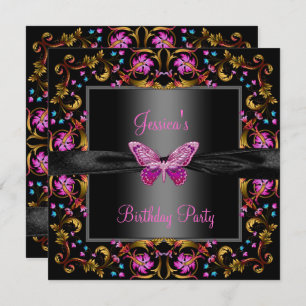 Floral Pink Black Butterfly Birthday Party Invitation