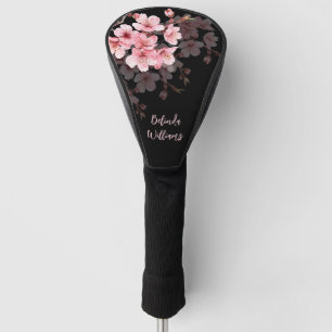 Floral Pink Black Cherry Blossom Monogram Golf Head Cover