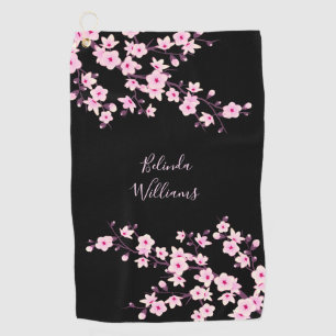 Floral Pink Black Cherry Blossom Monogram  Golf Towel