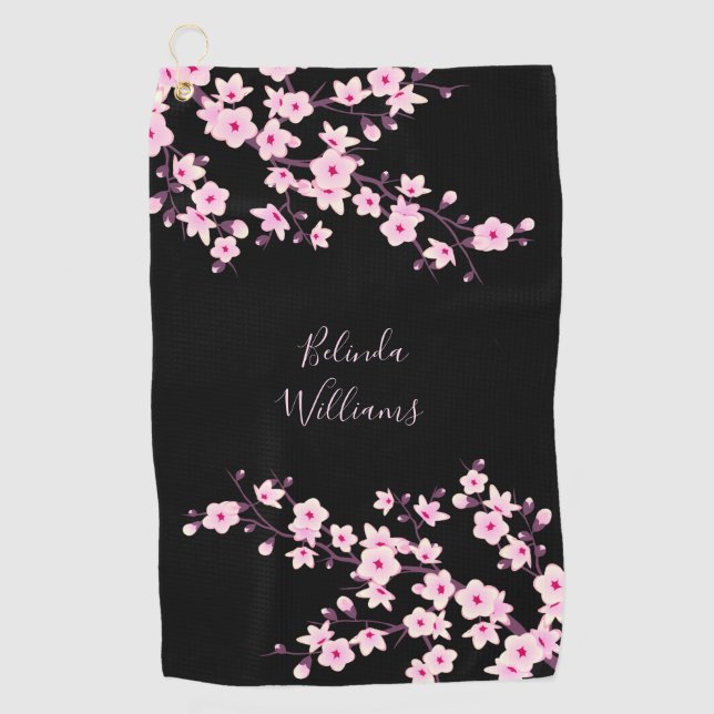 Floral Pink Black Cherry Blossom Monogram  Golf Towel (Front)