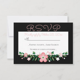 Floral Pink Black RSVP Wedding Party Flowers Card