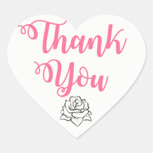 Floral Pink, Black Thank You Rose Flower Wedding Heart Sticker