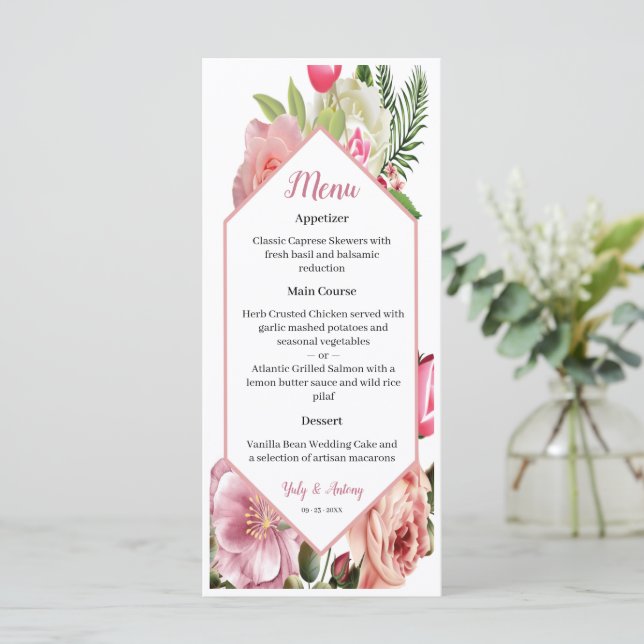Floral Pink Blossom Hexagon Dining Selection Menu (Standing Front)