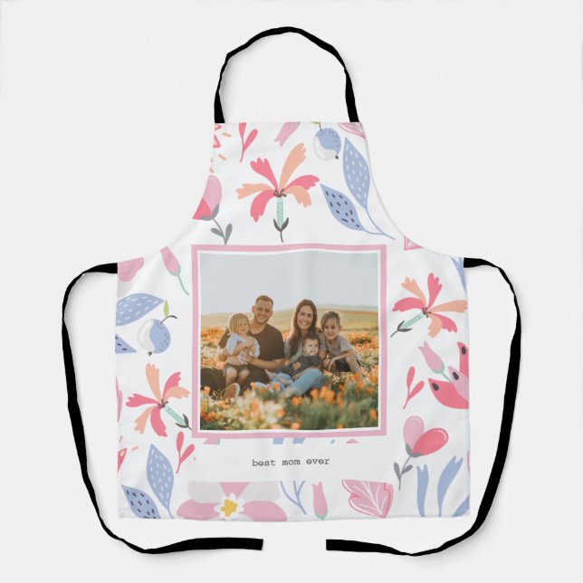 Floral Pink Blue Custom Photo Cute Gift for Mom Apron (Front)