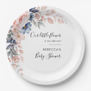 Floral Pink Blue Flowers Watercolor Baby Shower Paper Plate