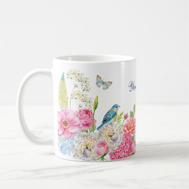 Floral pink blue green pink spring  coffee mug (Left)