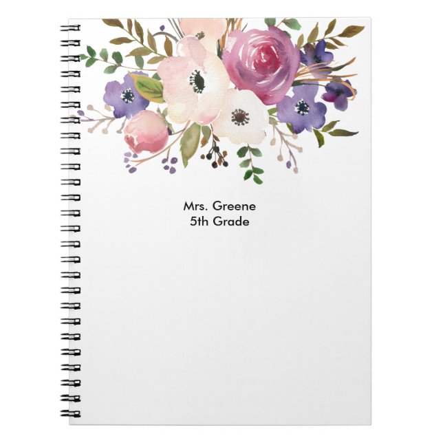Floral Pink Blue Personalized Teacher Notebook (Front)