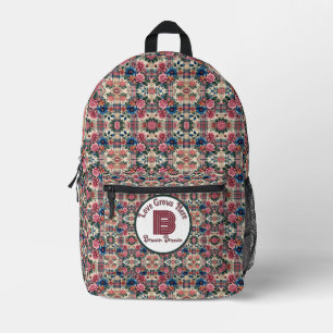 Floral Pink Blue Plaid Monogrammed Printed Backpack