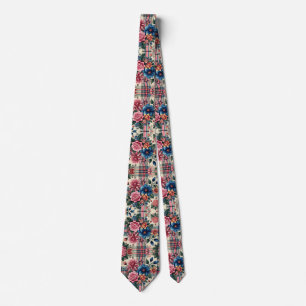 Floral Pink Blue Plaid Monogrammed  Tie