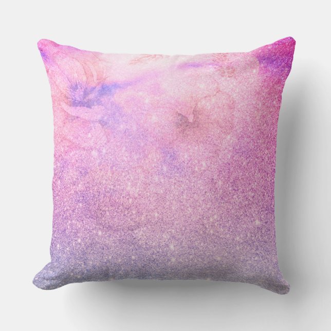 *~*  Floral Pink Blue Purple Watercolor Glitter Cushion (Front)