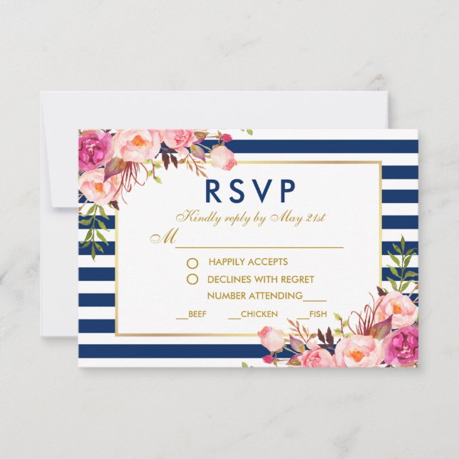 Floral Pink Blue Stripes Wedding RSVP Meal Card (Front)
