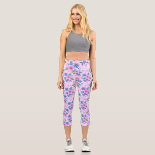 Floral Pink Blue Violet Flowers Pattern-36841 Capri Leggings