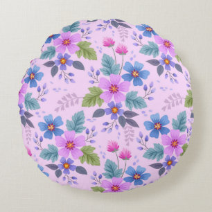 Floral Pink Blue Violet Flowers Pattern-36841 Round Cushion