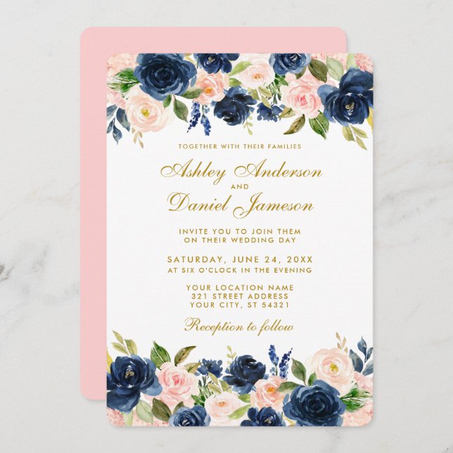 Floral Pink Blush Blue Elegant Gold Wedding R Invitation (Front/Back)