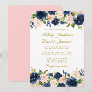 Floral Pink Blush Blue Elegant Gold Wedding R Invitation