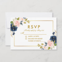 Floral Pink Blush Blue Wedding RSVP Gold