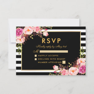 Floral Pink Blush Gold Black RSVP Wedding Card