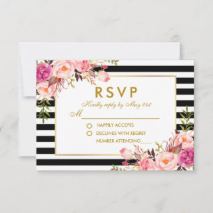 Floral Pink Blush Gold Black Stripes RSVP Wedding
