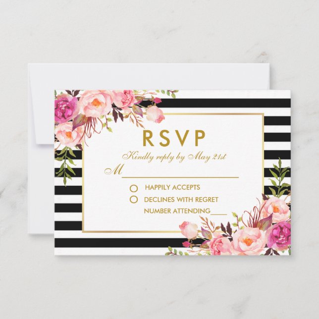 Floral Pink Blush Gold Black Stripes RSVP Wedding Card (Front)