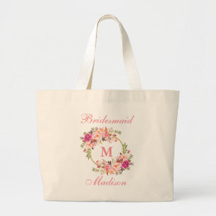 Floral Pink Blush Gold Circle Monogram Bridesmaid Large Tote Bag