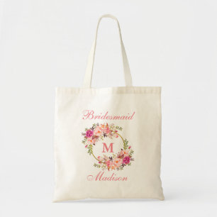 Floral Pink Blush Gold Circle Monogram Bridesmaid Tote Bag