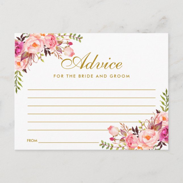 Floral Pink Blush Gold Wedding Advice Card L (Front)