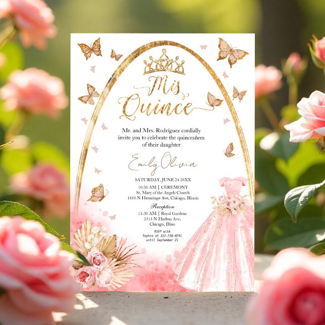 Floral Pink Blush Gown Quinceanera Invitation (Creator Uploaded)