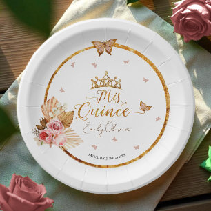 Floral Pink Blush Gown Quinceanera Paper Plates